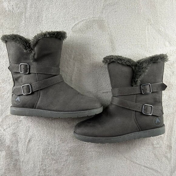 Women's Airwalk Grey Short Winter Boots Sz 8.5 Faux Fur lined Faux Suede Buckles - Picture 7 of 7